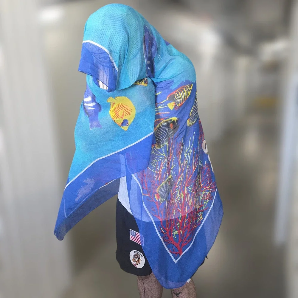 VTG Italian Transparent Ocean Scarf WRAP RED SEA DIVERS Scuba Coral Blue 62